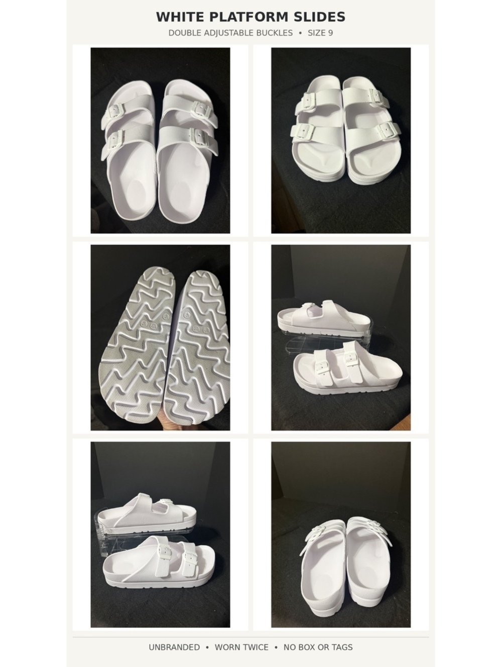 White Double-Buckle Lightweight Platform Slides - Size 9